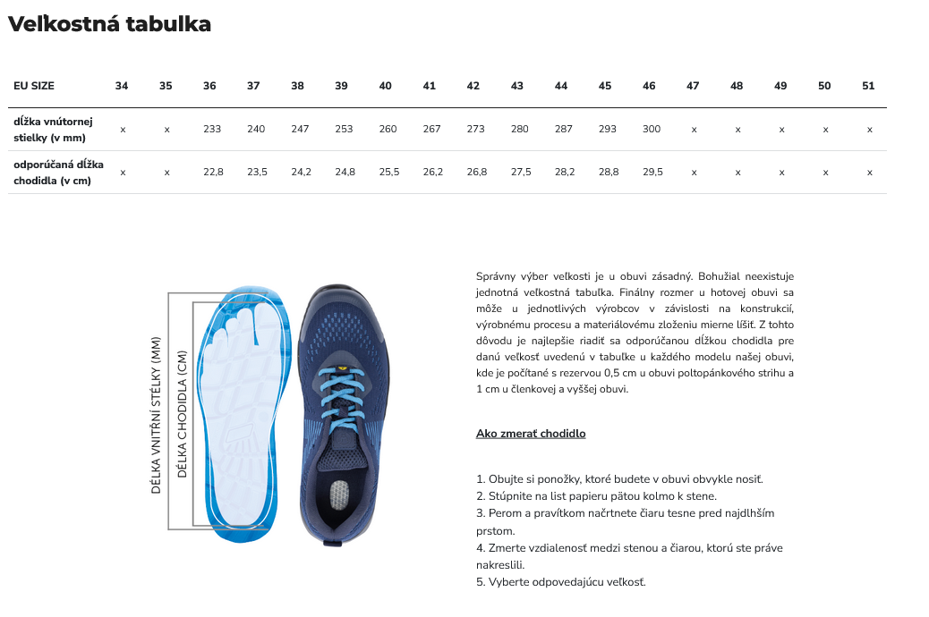 Veľkostná tabuľka obuv ARDON®